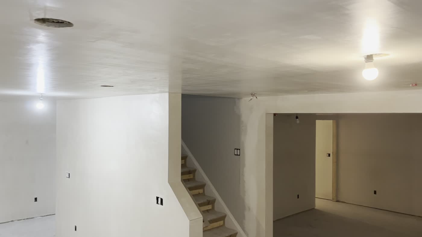 Completed basement plaster finish
